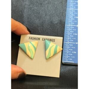 Vintage 80s Old Stock Triangle Stud Earrings Green Yellow Abstract